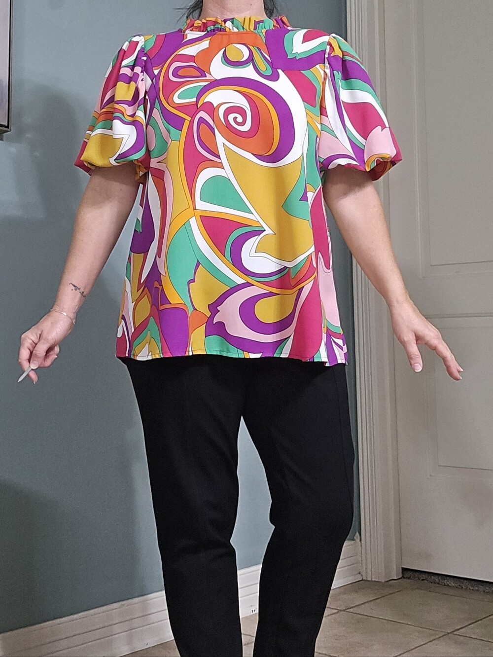 JODIFL Vibrant Multi-Color Swirl Ruffle Neck Blouse